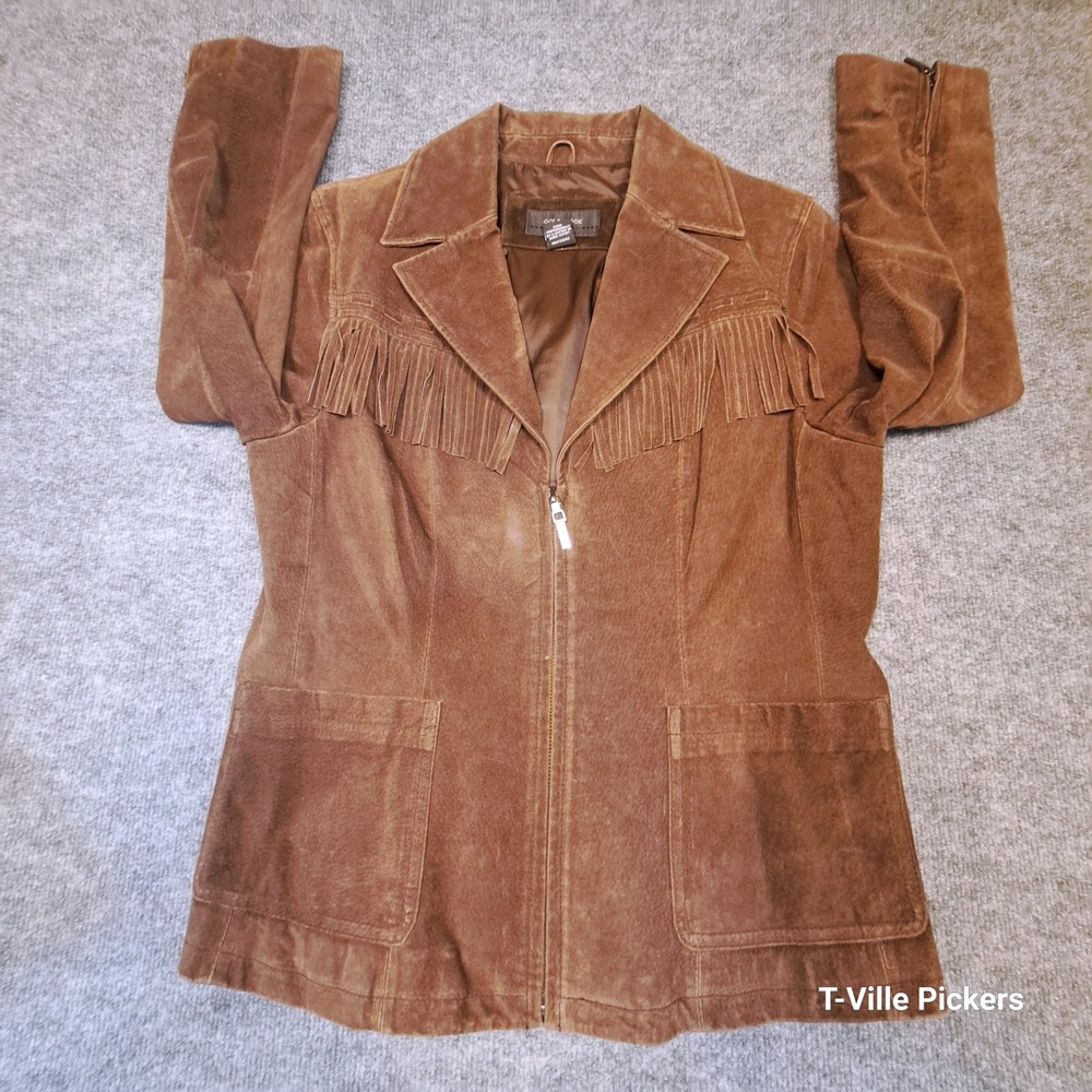 Colebrook Classics Brown Suede Leather Fringe Western Jacket Womens Large Zip Up